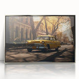 Mid-century modernist art of a vintage car in muted colors on a silver-framed acrylic, ideal for nursery wall art.