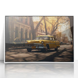Art deco style poster of a vintage taxi in muted yellow and black, framed acrylic, ideal for nursery wall art.