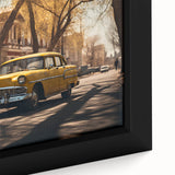 Extra large framed canvas featuring a black textured background with vibrant, colorful depictions of cars and taxis.