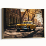 Framed canvas featuring a gold side-view of a vintage car, ideal for bedroom wall art with a classic theme.