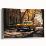 Framed canvas featuring a side view of a vintage black taxi against a colorful cityscape, ideal for living room decor.