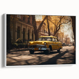 Vintage poster art of a classic car in vibrant colors on a black background, framed canvas, ideal for living room decor.