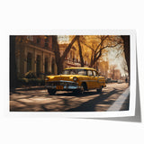 Rolled print of a vintage taxi in muted yellow and black, ideal for art wall dining room decor.