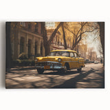Black and white photo of vintage taxis on a stretched canvas, suitable as kitchen wall art or for a bedroom.
