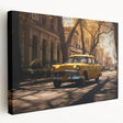 Yellow taxi and vintage car illustration on large stretched canvas, in bold primary colors, fit for kitchen wall art.