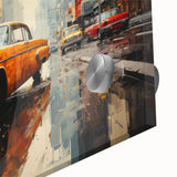Mid-century modernist large abstract wall art of cars and taxis in vibrant colors on acrylic glass.