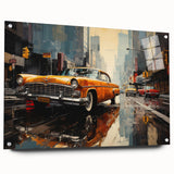 Acrylic print of a side-view taxi in muted yellow and black, ideal for dining room decor.