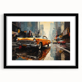 Extra large wall art featuring a colorful abstract print of taxis and cars, in a black frame with mat.