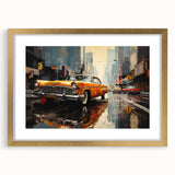 Extra large abstract art print featuring a textured depiction of cars and taxis in muted gold and black tones.