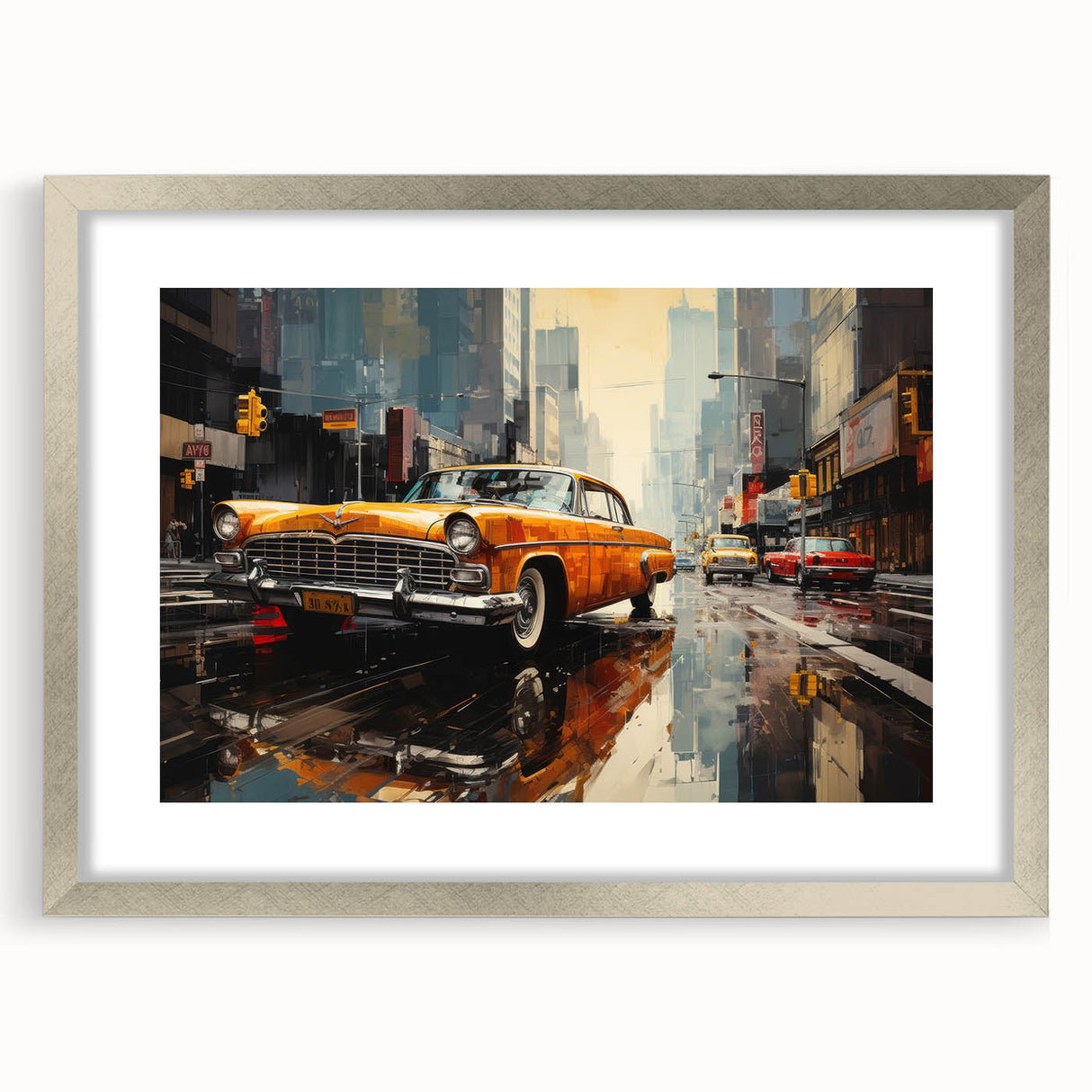 Textured abstract art print of a stylized silver car, in muted gray tones, framed with a silver mat.