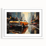 Abstract art print featuring a stylized depiction of a taxi in yellow and black tones on a white framed poster.