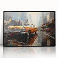 Large abstract wall art of a stylized taxi in bold yellow and black, mid-century modernist style, framed acrylic.