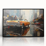 Large abstract wall art of a stylized taxi in bold yellow and black, mid-century modernist style, framed acrylic.