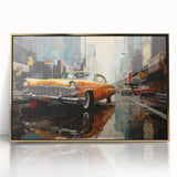 Mid-century modernist acrylic print of a vintage taxi, in gold and black tones, ideal for nursery wall art.