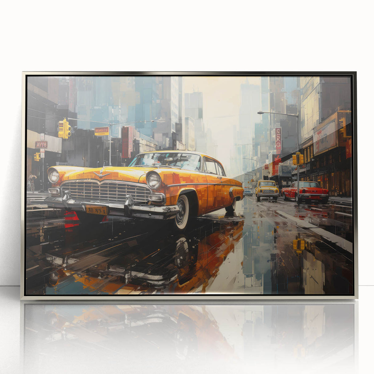 Mid-century modernist art featuring a silver taxi, acrylic print framed in silver, ideal for nursery wall art.