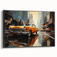 Black and white framed canvas of a vintage taxi in a cityscape, ideal for bedroom wall art.