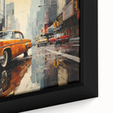 Extra large framed canvas featuring a textured black wall art of a colorful taxi, ideal for living room decor.