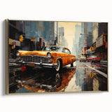 Vintage poster art of a classic car in black and gold on a framed canvas, ideal for bedroom wall decor.