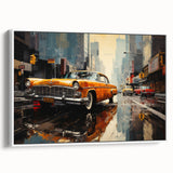 Vintage poster art of a classic car in black and colorful hues on a framed canvas, ideal for living room decor.