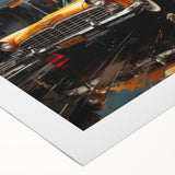 Art deco poster featuring a vintage yellow taxi, in muted yellow and black tones on rolled canvas.