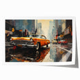 Rolled print of a vintage taxi design in muted yellows and blacks, suitable for art wall dining room.
