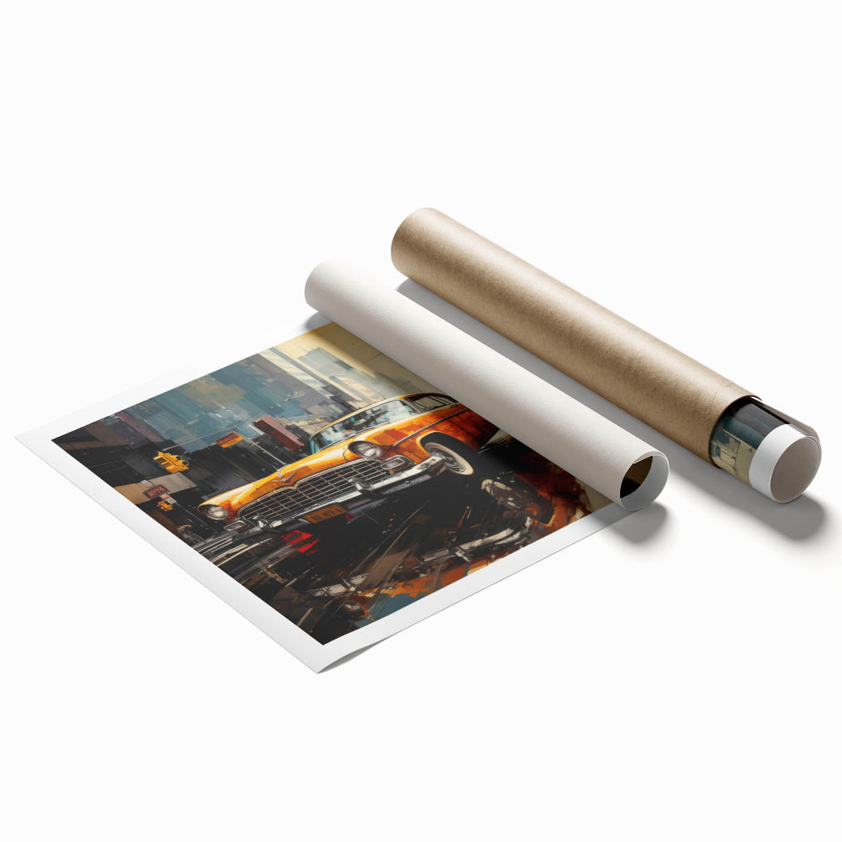 Extra large rolled print depicting a vintage taxi, in muted yellow and black, ideal for classy bathroom wall art.