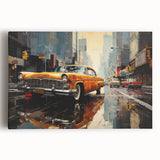 Black and white stretched canvas featuring a vintage taxi, ideal for kitchen wall art.