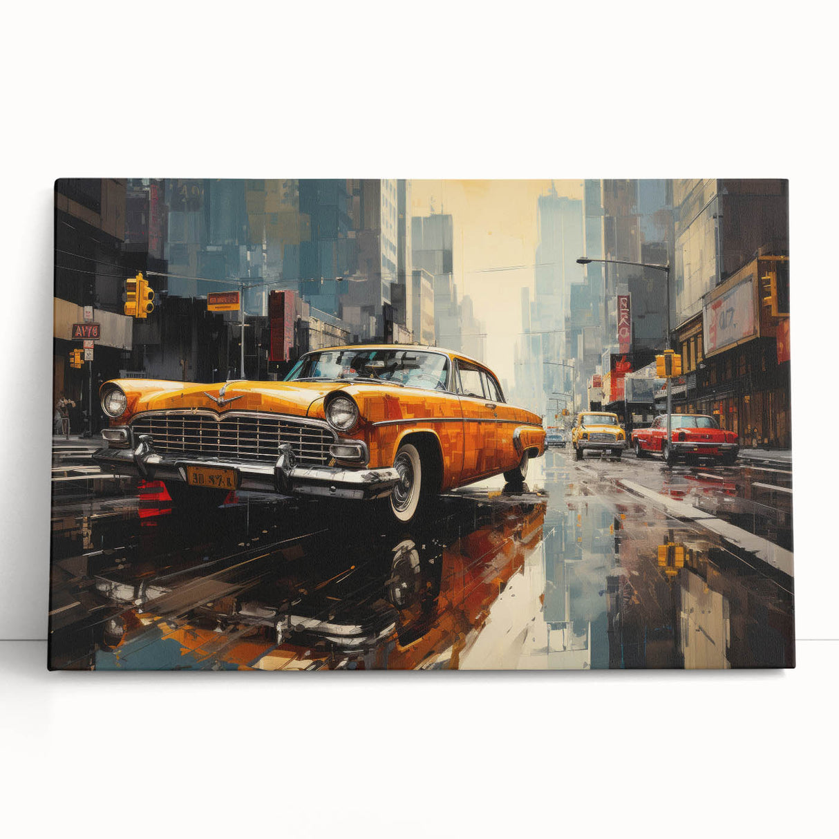 Black and white stretched canvas featuring a vintage taxi design, ideal for kitchen wall art.