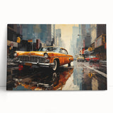 Black and white stretched canvas featuring a vintage taxi design, ideal for kitchen wall art.