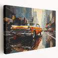 Yellow taxi and classic car printed on a large stretched canvas, in vibrant city colors, ideal for kitchen wall art.