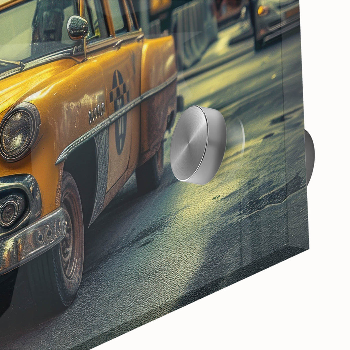 Mid-century modernist style large abstract wall art of a taxi, in vibrant yellow and black, acrylic print.