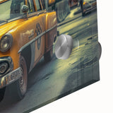 Mid-century modernist style large abstract wall art of a taxi, in vibrant yellow and black, acrylic print.