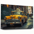 Acrylic print of a side view of a vintage taxi in yellow and black, ideal for dining room decor.