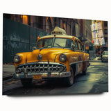 Acrylic print of a side-view taxi in muted yellow and black, suitable for bedroom or dining room art.