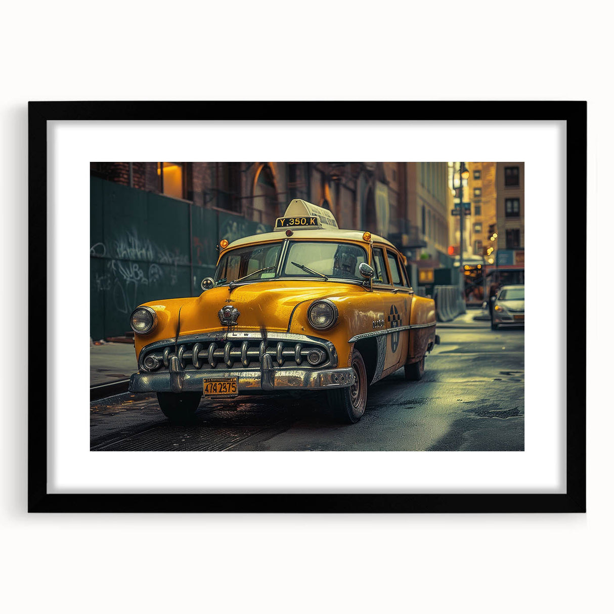 Abstract art print featuring a colorful, textured depiction of cars and taxis on a large canvas, ideal for living room decor.