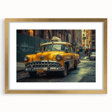 Extra large abstract art print of a stylized taxi in gold and black tones on textured canvas, ideal for living room decor.