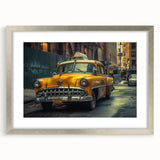 Textured art print of an abstract car and taxi in silver and gray tones on framed canvas, suitable for bedroom wall decor.