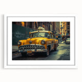 Abstract art print of a stylized taxi in yellow and black, framed in white, suitable for dining room decor.