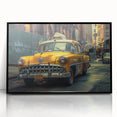 Framed acrylic print of a stylized black taxi, featuring large abstract wall art in a mid-century modernist style.