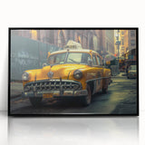 Framed acrylic print of a stylized black taxi, featuring large abstract wall art in a mid-century modernist style.