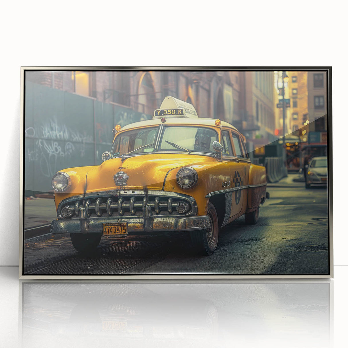 Mid-century modernist art of a vintage taxi in silver and black tones on framed acrylic, suitable for nursery wall art.