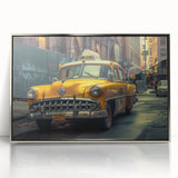 Mid-century modernist art of a vintage taxi in silver and black tones on framed acrylic, suitable for nursery wall art.
