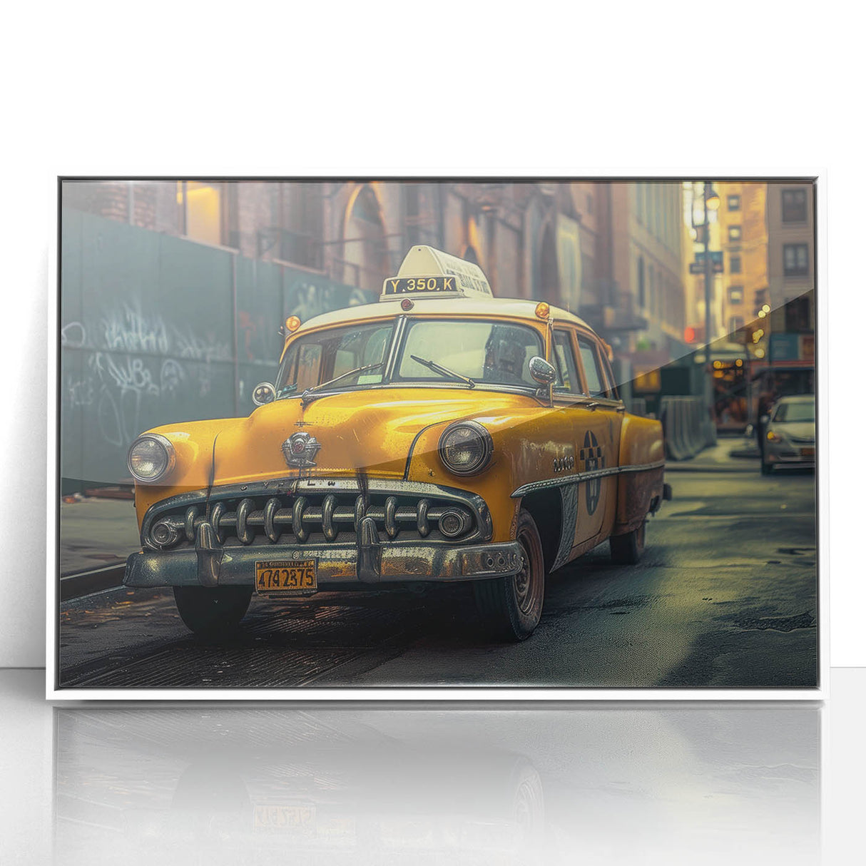 Art deco style poster featuring a vintage car and taxi in monochrome shades, acrylic framed, ideal for nursery wall decor.