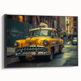 Black and white vintage poster art of a side-view taxi on framed canvas, suitable for bedroom wall decor.