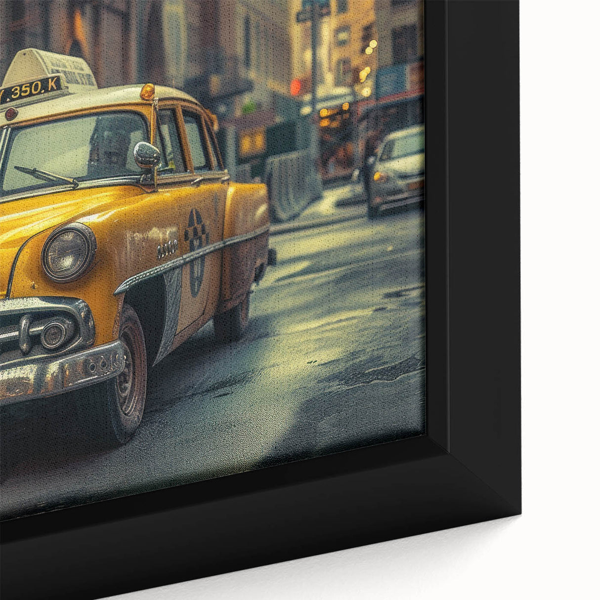 Framed canvas featuring a close-up of a black vintage taxi in textured, colorful art.