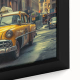 Framed canvas featuring a close-up of a black vintage taxi in textured, colorful art.