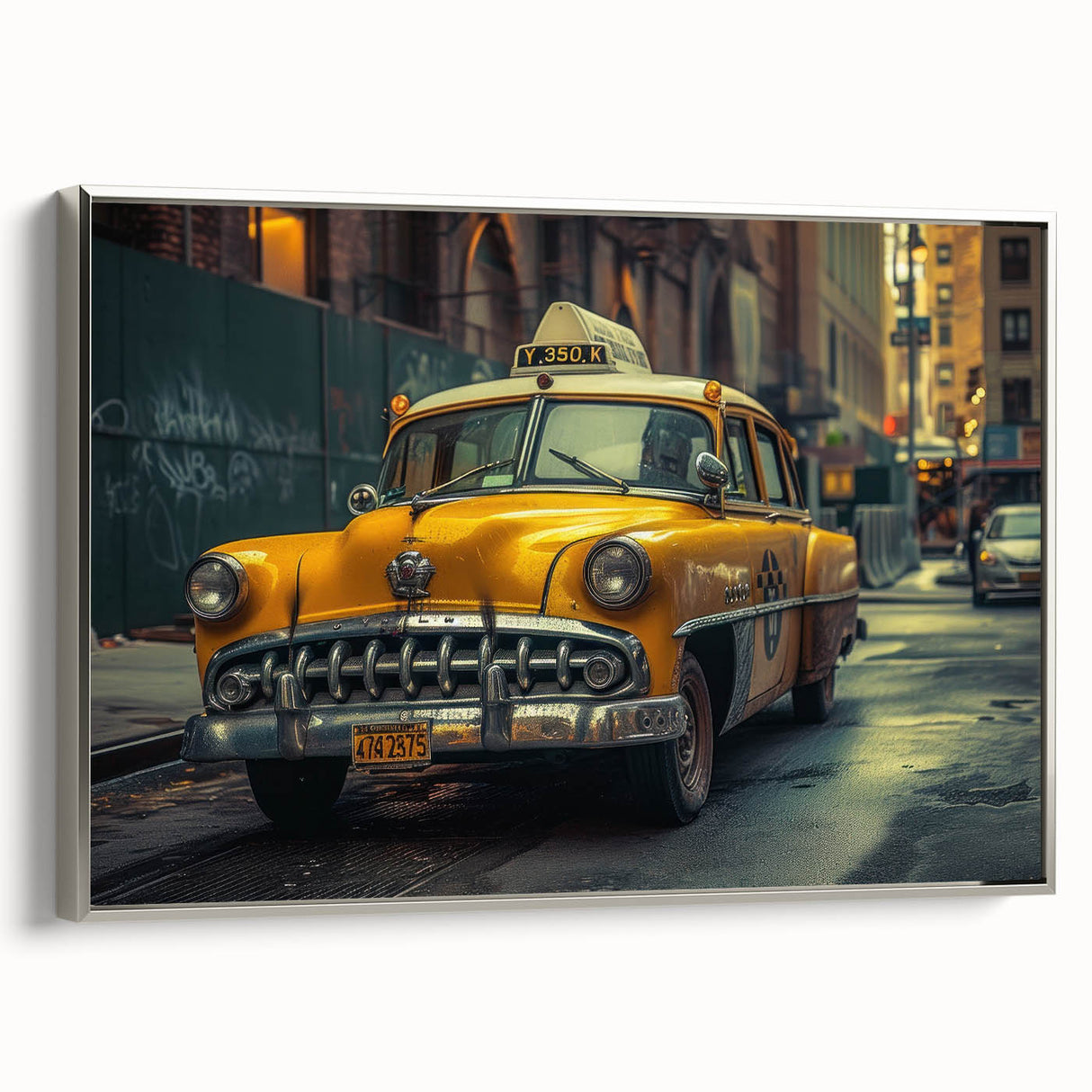 Vintage poster art of a classic car in black and colorful hues on a framed canvas, ideal for living room decor.