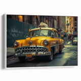 Vintage poster art of a classic car in vibrant colors on a black background, framed canvas, suitable for living room decor.