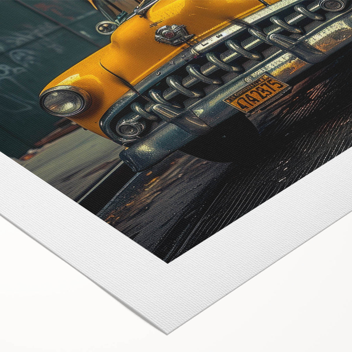 Art deco poster of a vintage taxi in black and yellow on a rolled canvas, suitable for dining room wall art.