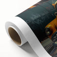 Art deco style poster of vintage cars in muted earth tones, printed on rolled canvas, ideal for nursery wall art.